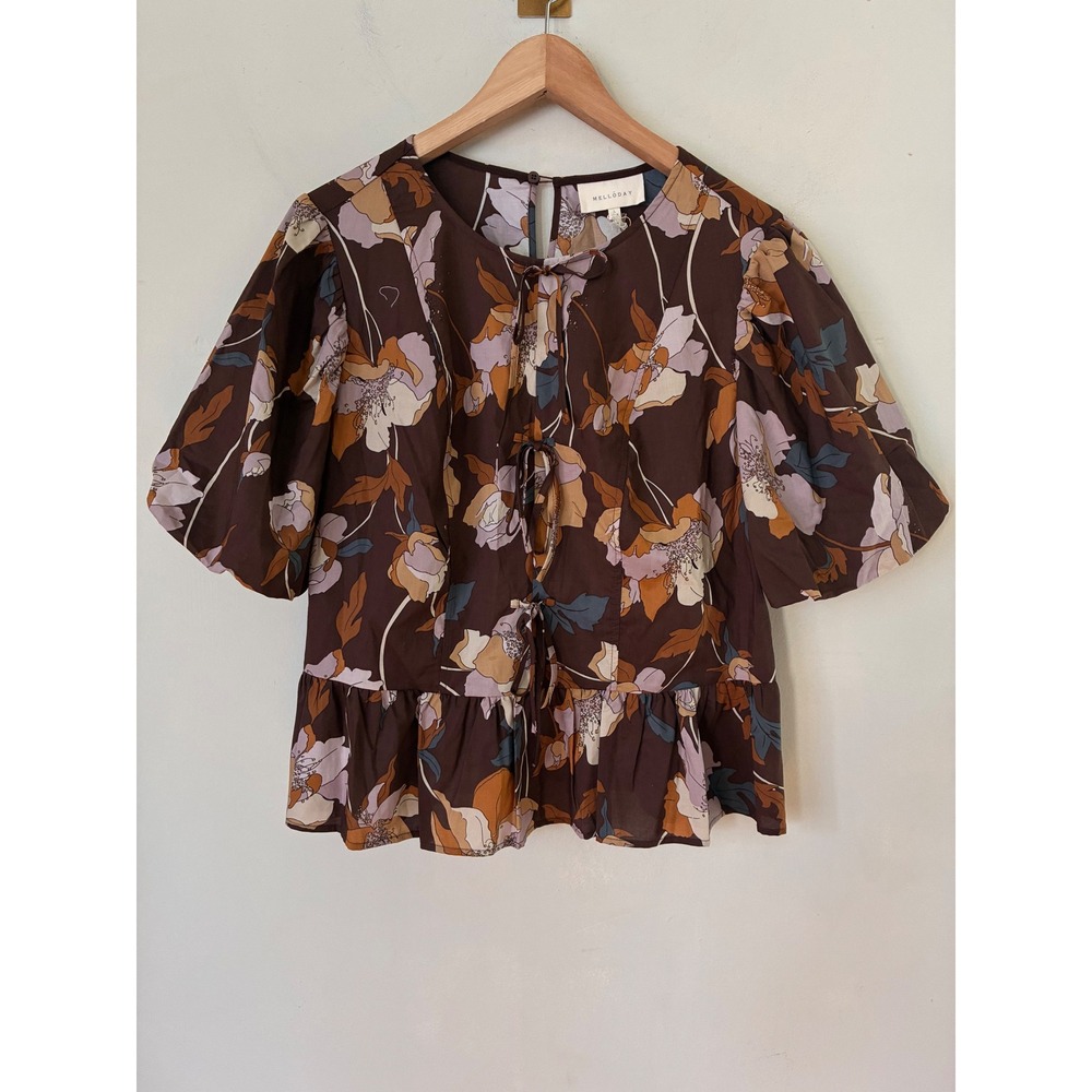 Melloday Fall Brown Floral Puff Sleeve Peplum Tie Front Blouse Boho Large NWT